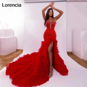 Customized Gorgeous Red Mermaid Prom Dress 2025 Tiered Tulle High Slit Beaded Crystals Formal Evening Aso Ebi Party Gown YPD259