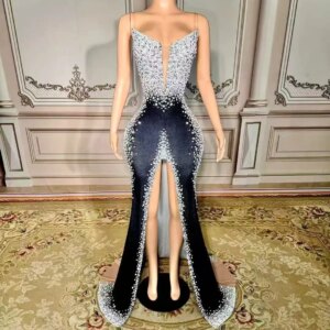 MisShow Black Girl Luxurious Diamonds Prom Dresses Long Beaded Crystal Split Evening Party Gowns Gala Vestidos Customized