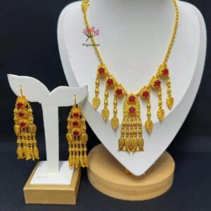 Women’s Jewelry Set 2-piece Copper Plated 24K Gold Inlaid Zircon Necklace Earrings Luxury Dubai Jewelry Popodion YY20363