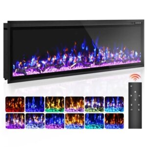 60″ Wall Mount Electric Fireplace Insert 12-Color Flame Options 5-Level Brightness Remote Control Faux Logs Crystal Glass