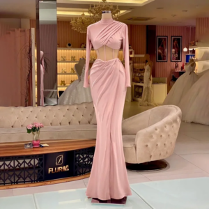 Pink Prom Dresses Chic High Collar Long Sleeves Mermaid Party Gowns Fashion Pleated Floor Length Formal Evening Dresses 2025