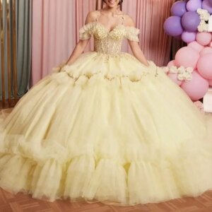 Yellow Quinceanera Dresses Off Shoulder Beading Crystal Lace Tull Tiered Corset Vestidos De 15 Anos Ball Gown Sweet 16 Dress