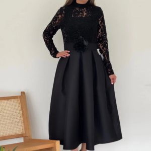 Customized Black A-Line Prom Dresses Tea-Length Full Sleeve O-Neck Evening Dresses Fashion Lace Embroidery Simple Flower waist