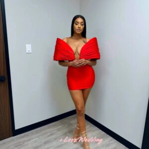 Deep V-Neck Red Satin Prom Dress Sexy Lace See Through Mini-Length Party Dress Big Bow Romantic Detachable Sleeve Customized