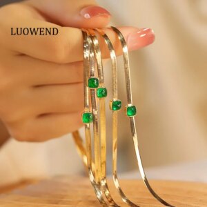 LUOWEND 100% 18K Yellow Gold Necklace Snake Bone Chain Fashion Style Real Natural Swat Emerald Choker for Women Party Jewelry