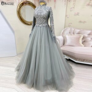 Customized Muslim Hijab Evening Dresses A-Line Tulle Appliques Lace Long Sleeve Engagement Formal Dress Dubai Arabic Prom Gown