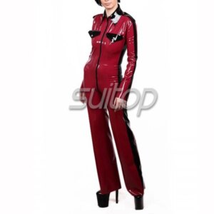 Suitop latex catsuit with front zip wtih bell-bottom Flared lares