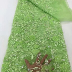Orange African 3D Lace Fabric High Quality 5 Yards Luxury Heavy Sequins Pearls Beads Lace For Wedding Evening Dress