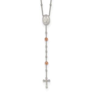 Sterling Silver RHplated Beaded w Rosetone Roses Rosary 21in Necklace