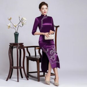 Yourqipao Chinese Style Cheongsam Party Mother The Bride Wedding Banquet Dress Long Prom Cocktail Wedding Guest Dress for Women