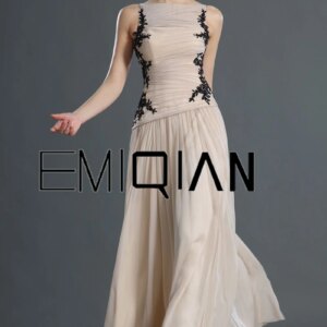 Sleeveless O Neck Champagne Chiffon with Black Lace Evening Dress Contrast Color Women’s Formal Gowns