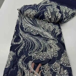 2025 New African French Nigerian High End Lace Fabric With Beads Sequins Mesh for Embroidery Wedding Party Bride Sewing Dress