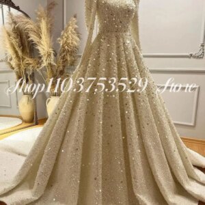 Luxury Muslim Evening Gowns Sparkling High Neck Long Sleeve Inlaid Sequins A-Line Prom Long Customised Ethnic Wedding Dresses