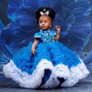 Luxury Ruffles Blue Flower Girl Dresses For Wedding Customized High Neck Toddler Girls Pageant Dress Kids Formal Pageant Gown
