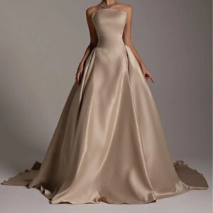 Customized  Satin A-Line Evening Dress Strapless Zipper Back Sleeveless Floor Length Panel Train Delicate Vestidos de f
