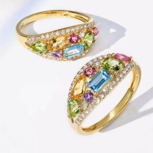 18K gold natural diamond colored gemstone ring