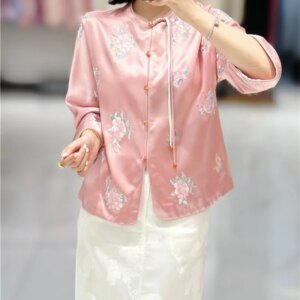 Chinese style disc new heavy industry embroidery coat acetic acid bead round neck blouse