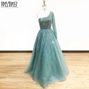 MYMB Luxury Mint One Shoulder A-Line Formal Party Dresses for Women Celebrity Gorgerous Long Sleeves Muslim Beaded Evening Gowns