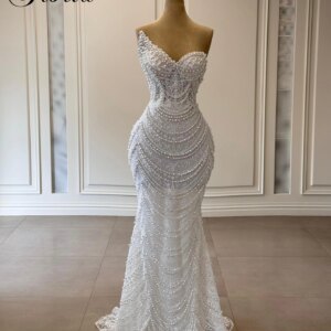 New Elegant Lace Prom Dresses With Pearls Sleeveless Sweetheart Engagement Dresses For Women Robes De Soirée Wedding Party Gowns