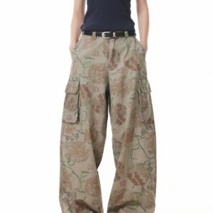 American Retro Flower Full Printed Multi-Pocket Cargo Pants Niche Hip-Hop Street Loose Wide-Leg Casual Fashion