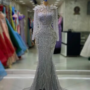 2024 Couture New Designer Full Beads Crystal Evening Dresses Woman Long Sleeves Celebrity Dresses Dubai Wedding Party Gowns
