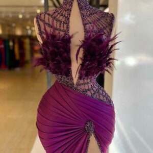 Exclusive Purple High Neck Evening Dress Gorgeous Feathered Dazzling Sheath Cocktail Customized Cut Out Mini Sexy Club Wear