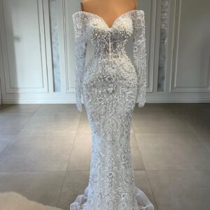 Elegant Full Pearls Crystal Mermaid Wedding Evening Dress Beaded Off Shoulder Long Sleeve Formal Prom Dress 2025 robe de soirée