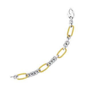 14k TwoTone Gold Bracelet with Cable Textured Oval and Round Links