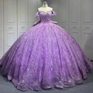 Purple Shiny Quinceanera Dresses Ball Gown Off The Shoulder Sequin Applique Beading Bow Tull Party Birthday Sweet 16 Dress