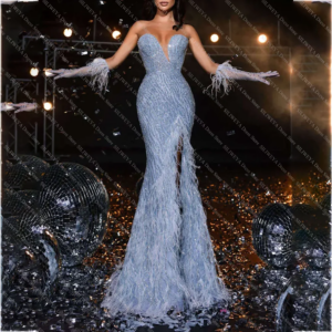 Elegant Evening Dresses Mermaid Luxury Feathers Strapless Side Split Sequined Backless Gown Formal Party Custom Made Robes