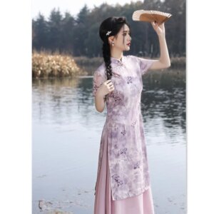 Ethnic Style Long Cheongsam Qi Pao Skirt Spring and Summer Retro National Trend Middle-Aged Elderly Women Dress
