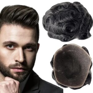 Malaysian Virgin Human Hair Hairpieces #130 Grey Color 32mm Wave Unit 8×10 Full Lace Toupee for Men