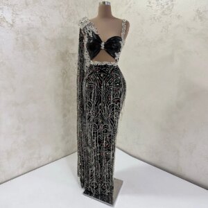 Luxury Black Mermaid Evening Dress with Cape Sleeves Crystal Tassel Long Prom Dress Beaded Birthday Party Dress Customized