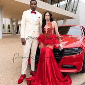 Luxury Red Mermaid Long Prom Dresses 2025 For Black Girls Rhinestones Crystals Feather Birthday Party Gowns Evening Dresses