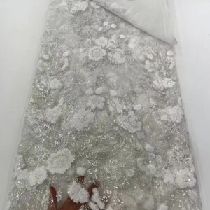 White France High-End Handmade Beaded Lace Fabric Nigerian Embroidery Bead with Sequin Mesh Lace Fabric for Wedding Dress Q340-1
