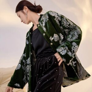 New Chinese style velvet pan top temperament flower branch sequin coat cotton