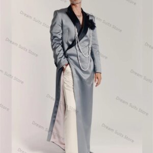 Grey Long Men Suit Set 2 Piece Beaded Blazer+White Pants Trousers Customized Formal Office Business Jacket Prom Wedding Coat