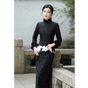 Flocking Fleece-lined Thickened Long Section Nine-Quarter Sleeve Cheongsam Qi Pao  Retro National Style Middle-Aged  Elderly