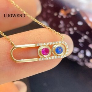 LUOWEND 100% 18K Yellow Gold Necklace Romantic Style Shiny Diamond Natural Color Sapphire Necklace for Women Wedding Jewelry