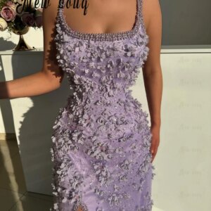 Sleeveless Lilac Long Party Dress Square Neck Side Split Homecoming Prom Gowns 3D Flowers Wedding Engagement Dress Customized
