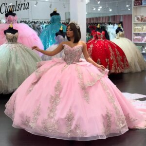 Pink Attractive V Neck Quinceanera Dresses for Teens Off the Shoulder Lacing Up Rhinestones Court Train Lace Appliques