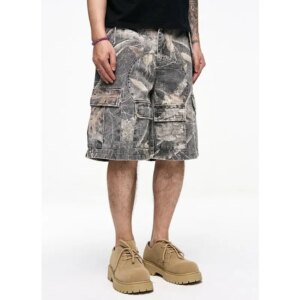 American-Style Enzyme Wash Distressed Branches and Leaves Camouflage Multi-Pocket Loose Cargo Shorts Men