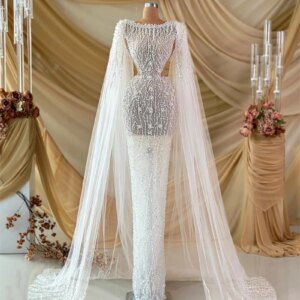 White Pearls Beaded Dubai Wedding Dress With Long Cape Illusion Elegant 3D Lace Mermaid Bridal Gowns Celebrity Party Dress 2024