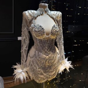 Luxury Crystal Short Cocktail Dresses Mermaid Long Sleeves High Neck Prom Dresses Evening Party Dresses With Feathers Customized