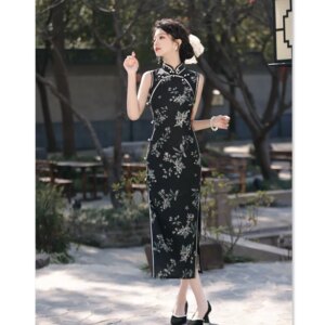 Fashion Improvement New Chinese Style Long round Placket Sleeveless Cheongsam Qi Pao Spring and Summer Young Lady