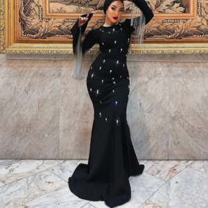Customized Black Mermaid Prom Dresses Floor-Length O-Neck Full Sleeve Evening Gown Fashion Crystal Tassel Draped Party Gown