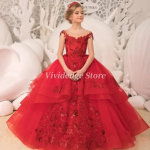 Customized Gorgeous Red Princess Dresses Flower Girl Gowns Prom Dresses 2025 Lace Applique Wedding Birthday Party Dresses