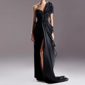 Customized  Straight Jersey One Shoulder Evening Dress Front Slit Short Sleeves Floor Length Panel Train Black Temperam