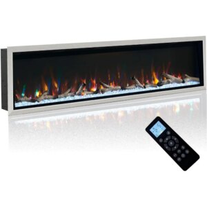 72 Inch Electric Fireplace w/Aluminum Frame, Hidden Air Vents Design, Recessed and Wall Mounted Fireplace Heater w/Thermostat