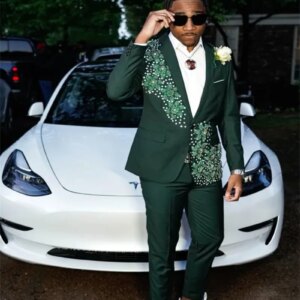Green Men Suits Pants Set 2 Pieces Blazer+Trousers Appliqued Beaded Wedding Tuxedos Prom Jacket Formal One Button Office Coat
